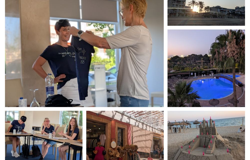 Zu sehen ist eine Collage aus verschiedenen Bildern. Ein Sonnenaufgang hinter Palmen, der Hotelpool, ein Hauseingang, eine Sandburg und Kolleginnen mit Praxisshirt