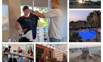 Zu sehen ist eine Collage aus verschiedenen Bildern. Ein Sonnenaufgang hinter Palmen, der Hotelpool, ein Hauseingang, eine Sandburg und Kolleginnen mit Praxisshirt